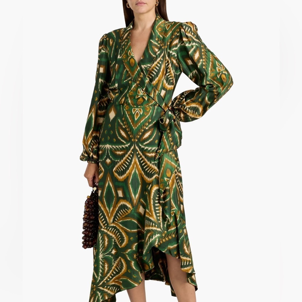 Farm Rio green Ikat print long sleeve midi wrap dress - XS NWT